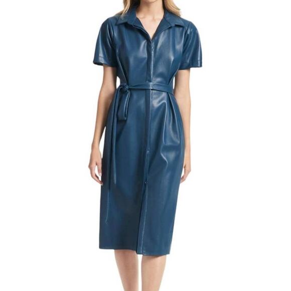 NWT SACHIN &‎ BABI Blue Petra Faux Leather Midi Dress Wrap Belted Size 20W
